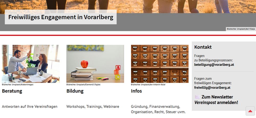 Quelle: https://vorarlberg.at/freiwilliges-engagement/freiwillig
Noch im April 2025 beinhaltete diese Webadresse noch eine Postanschrift und Telefonnummer: https://web.archive.org/web/20250422230008/https://vorarlberg.at/freiwilliges-engagement/freiwillig

Die übergeordnete Webseite sah Mitte 2024 noch so aus: https://web.archive.org/web/20240621124141/https://vorarlberg.at/engagement_beteiligung (diese Seite wird an zweiter Stelle genannt bei der Suche auf vorarlberg.at nach dem Begriff "Ehrenamt")

... doch auch hier wird "über uns" nichts mehr berichtet, dasselbe Schicksal ereilte die Postanschrift und Telefonnummer: https://web.archive.org/web/20250814043928/https://vorarlberg.at/engagement_beteiligung