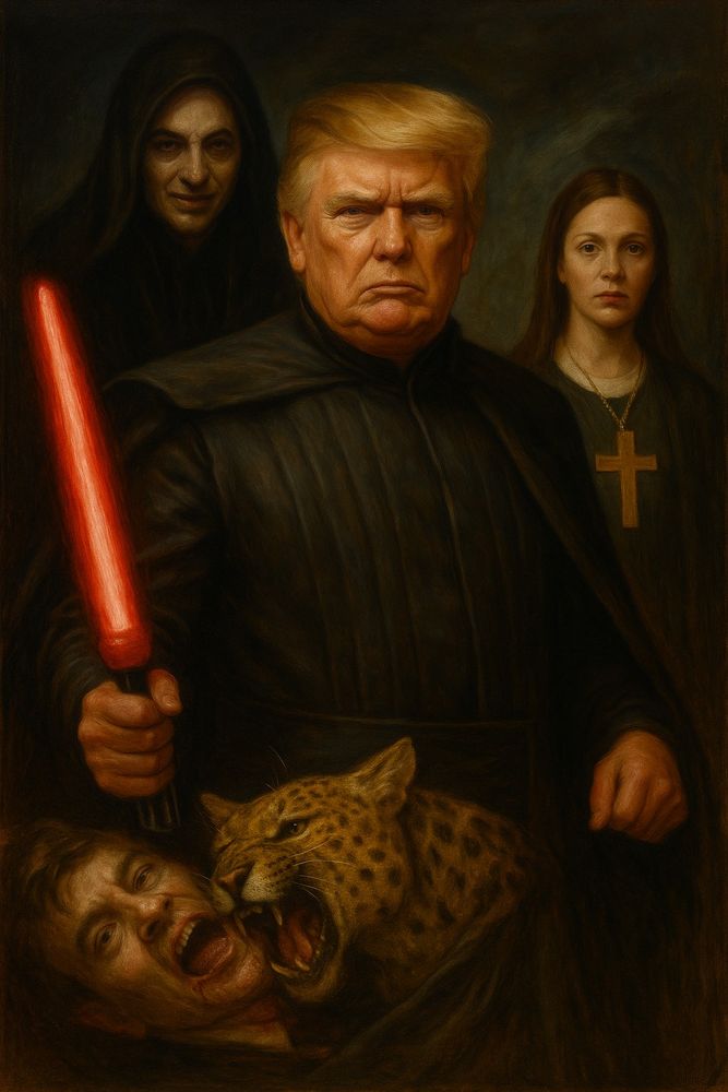 An image of Donald Trump standing with a stubby red lightsaber in the center, in the background is a pale man smirking in a black hood on the left, and to the right is a woman with long hair, a solemn look, wearing a large cross necklace. In the foreground, immediately under Donald Trump is a man whose face is about to be devoured by a leopard.