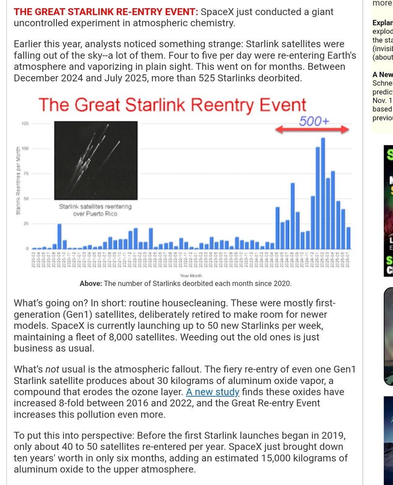 Speceweather.com story text begins: "THE GREAT STARLINK RE-ENTRY EVENT: SpaceX just conducted a giant uncontrolled experiment in atmospheric chemistry.

Earlier this year, analysts noticed something strange: Starlink satellites were falling out of the sky--a lot of them. Four to five per day were re-entering Earth's atmosphere and vaporizing in plain sight. This went on for months. Between December 2024 and July 2025, more than 525 Starlinks deorbited.

Underneath a graph shows the number of Starlink reentries over time.
