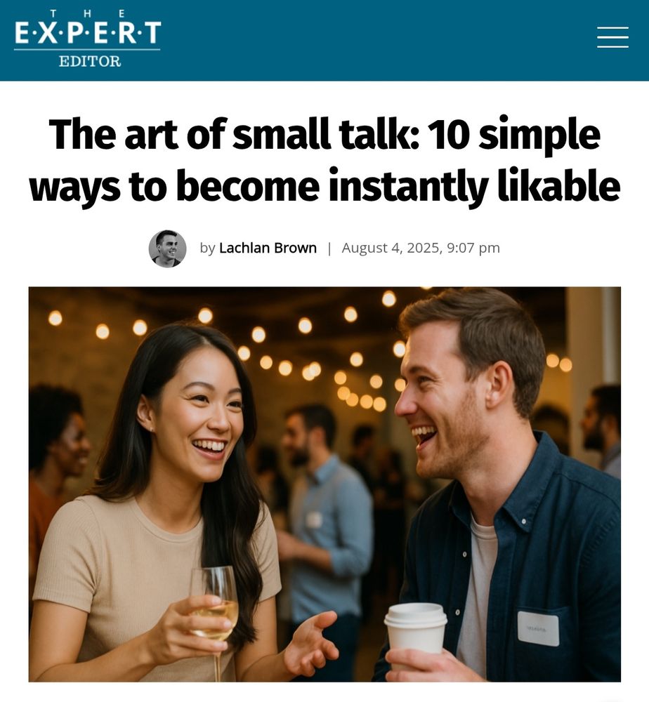 A so-called story from "The Expert Editor" titled: "The art of small talk: 10 simple ways to become instantly likable". Illustrating the story are two AI generated figures of a man (right) and a woman (left) supposedly talking. The woman has only 4 fingers on her left hand. AI generated images famously have issues generating realistic hands.