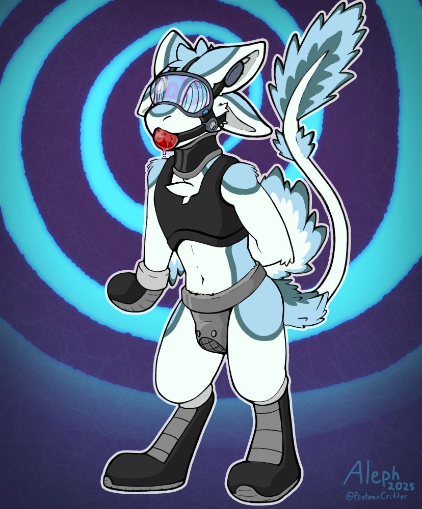 Avali in a harness, bondage gloves and boots, posture collar, a ball gag, and a hypnovisor headharness