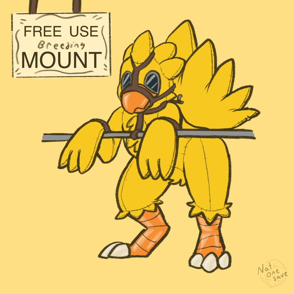 Unidentifiable person in a fabric chocobo suit and bridle, tied to a bar in a bent-ober position. A sign above them reads: "FREE USE (breeding) MOUNT", with the word in brackets being written with a marker