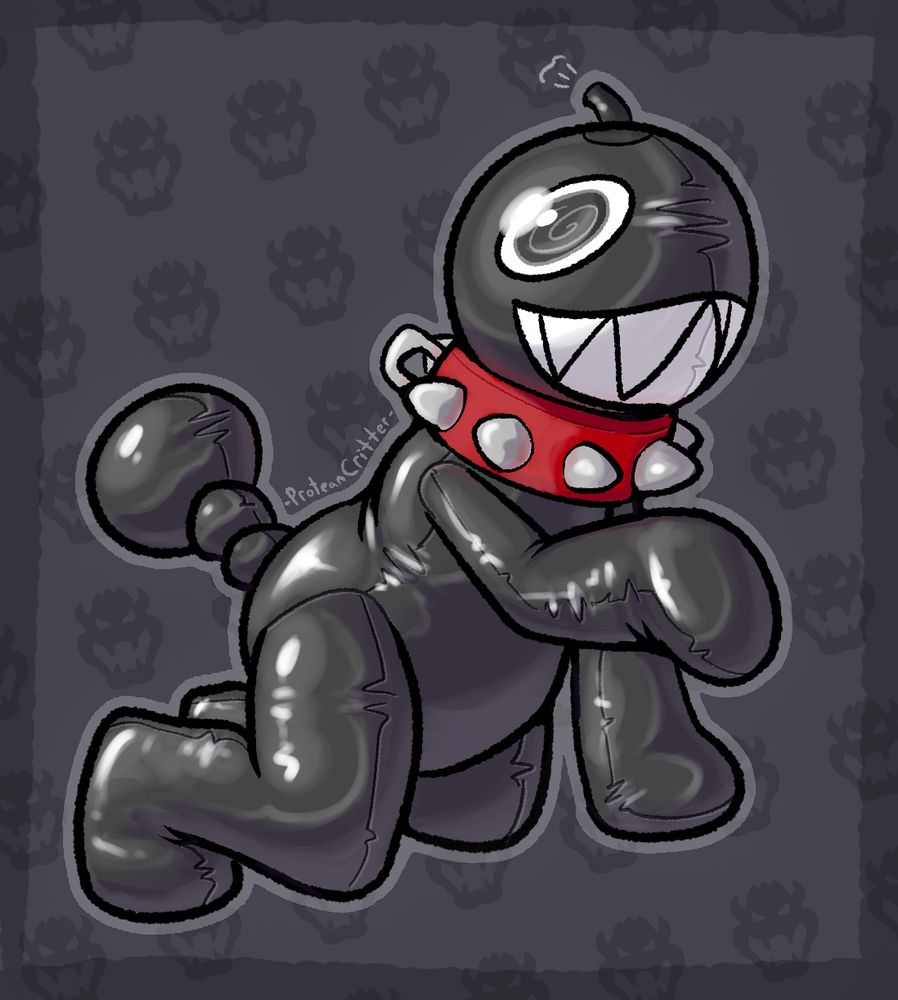 Shiny rubber Chan Chomp suit on all fours. It has a big permagrin and spiral eyes
