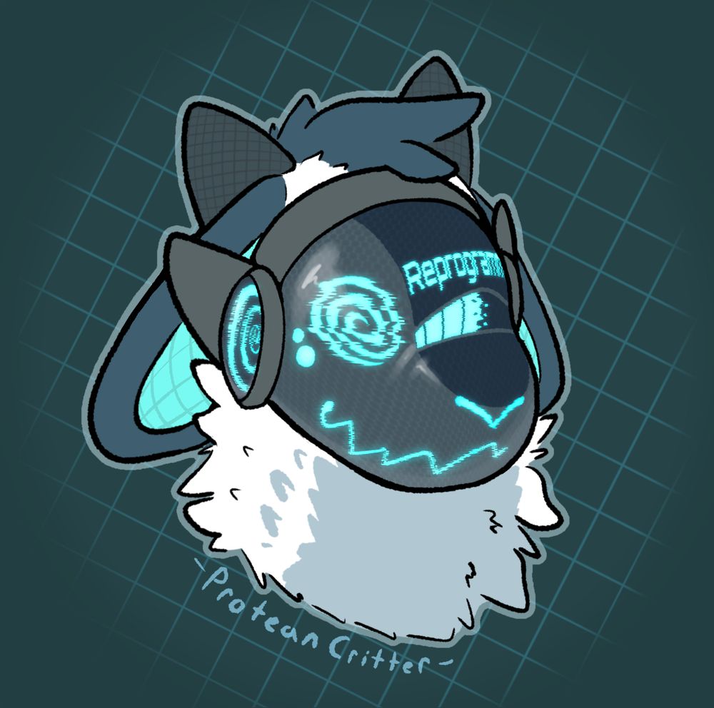 Protogen with swirly eyes and a loading bar that reads "Reprogramming" on their face display