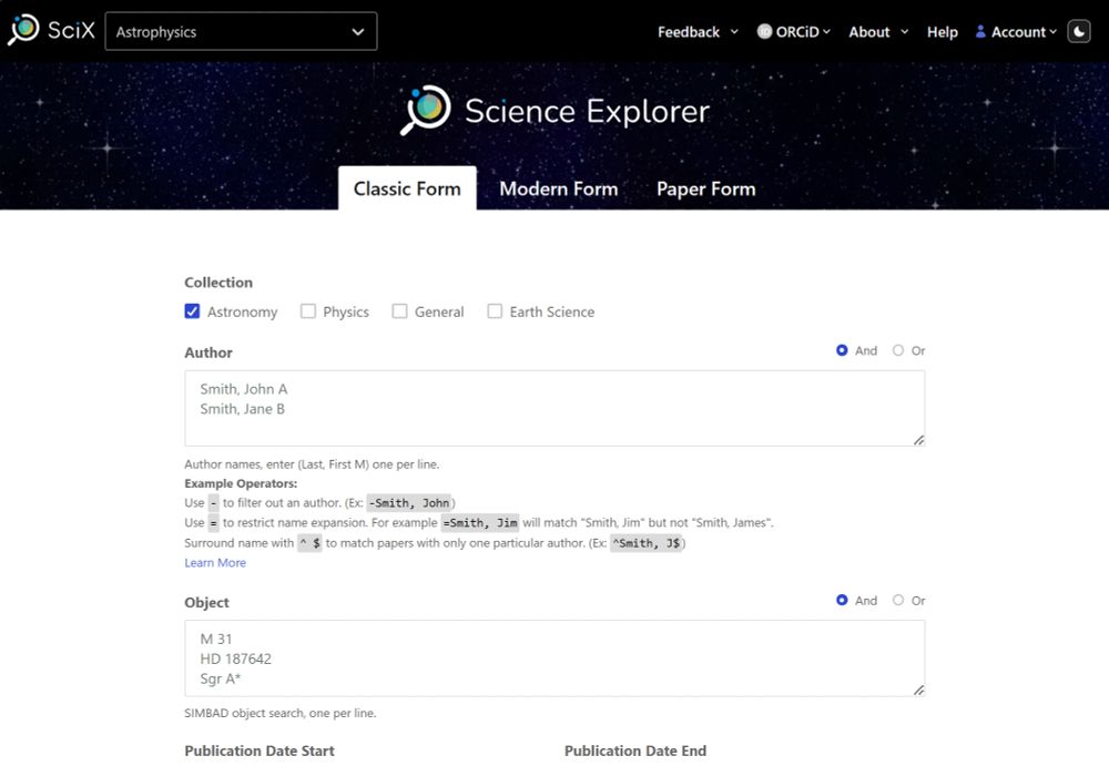 Screenshot of SciX main search page for astrophysics featuring the classic ADS look