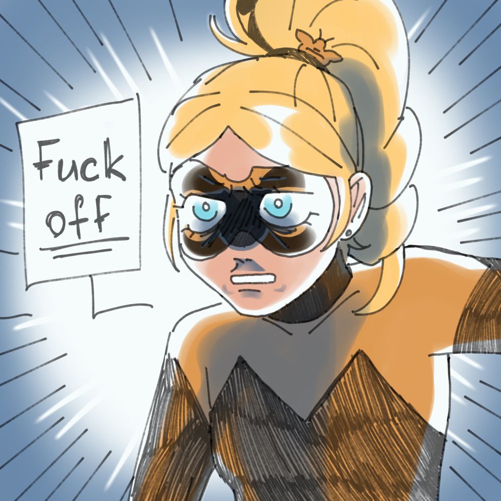 a digital drawing of Queen Bee from miraculous ladybug saying "Fuck off" with an intense expression on her face. 