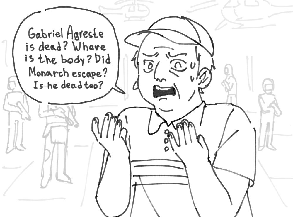 a digital drawing of the policeman from miraculous ladybug saying "Gabriel Agreste is dead? Where is the body? Did Monarch escape? Is he dead too?" in distress, there are armed policemen and helicopters on the background 