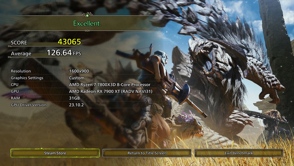 A screenshot of the results screen from the Monster Hunter Wilds benchmark tool. The screenshot shows a score of 43065 and average FPS of 126.64, testing with 1600x900 screen resolution and Custom graphics preset.