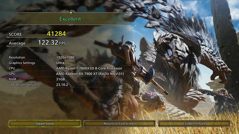 A screenshot of the results screen from the Monster Hunter Wilds benchmark tool. The screenshot shows a score of 41284 and average FPS of 122.32, testing with 1920x1080 screen resolution and Ultra graphics preset.