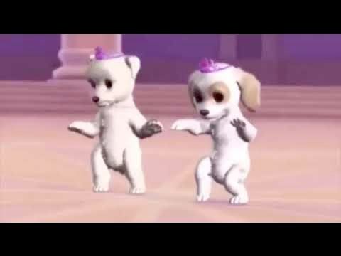 Screenshot from a Barbie movie showing what seems to be two uncanny 3d animated dogs attempting to do a dance. They both have bright pink tiaras on their heads which adds to their discordant style compared to the rest of the movie.