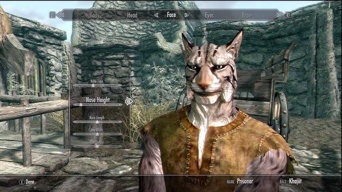 Skyrim customization screen with a Khajit player character