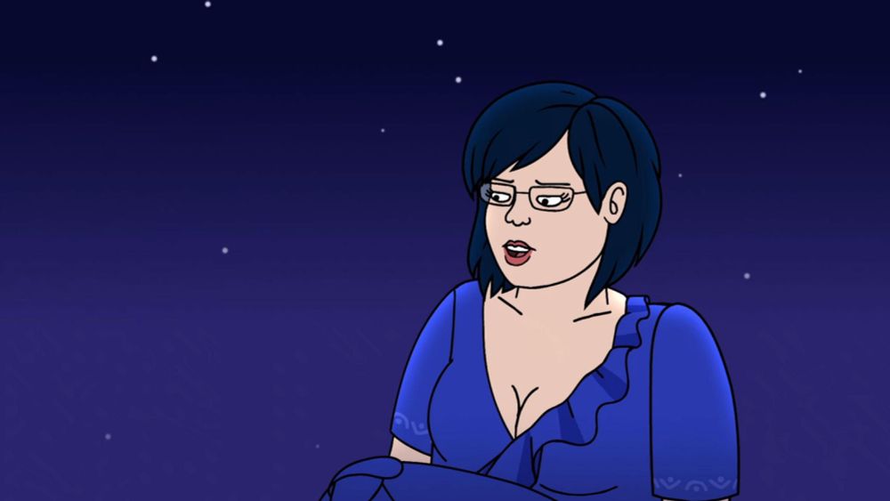 Diane Nguyen wearing her blue dress with a backdrop of the night sky from the Bojack series finale 
