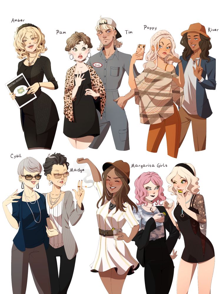 An anime drawing of Amber and popular customers from the online series Bistro Huddy.