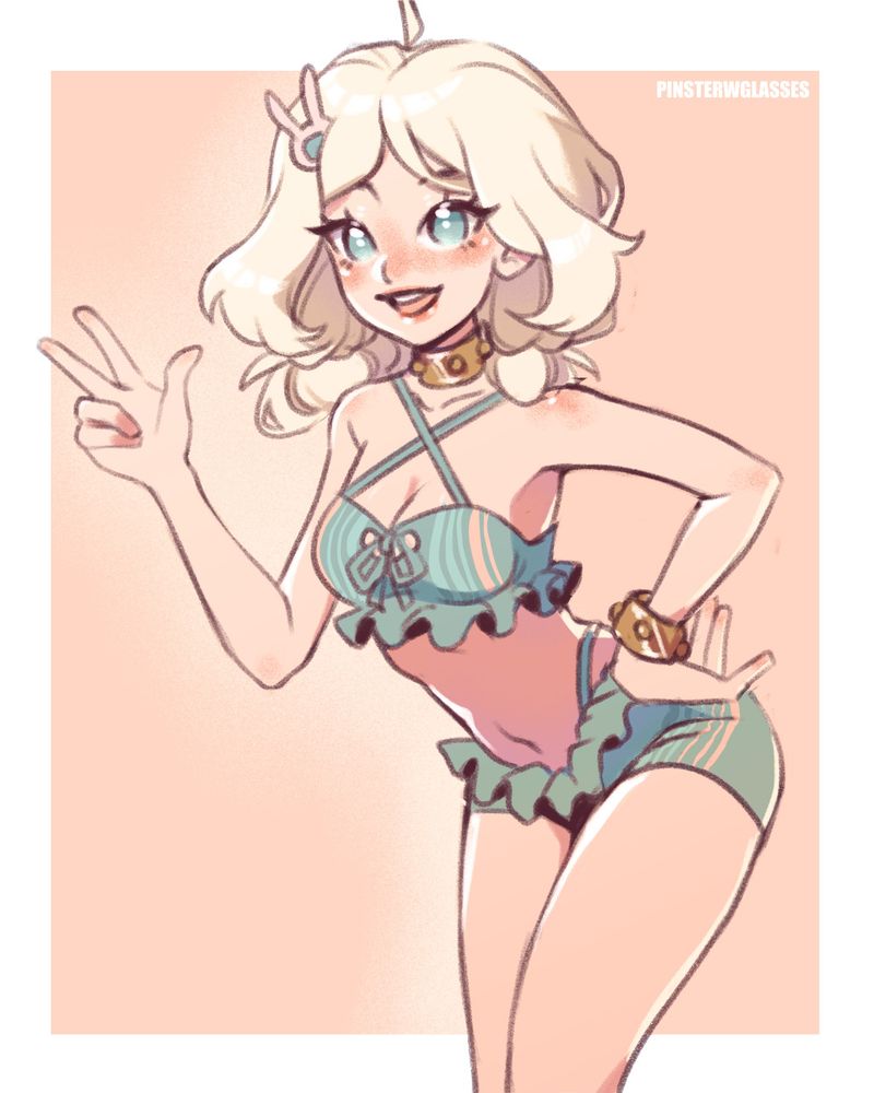 An anime drawing of a cute girl with blonde hair, blue eyes, and light skin.  She is wearing a cute two-piece swimsuit with frills and vintage colored stripes.