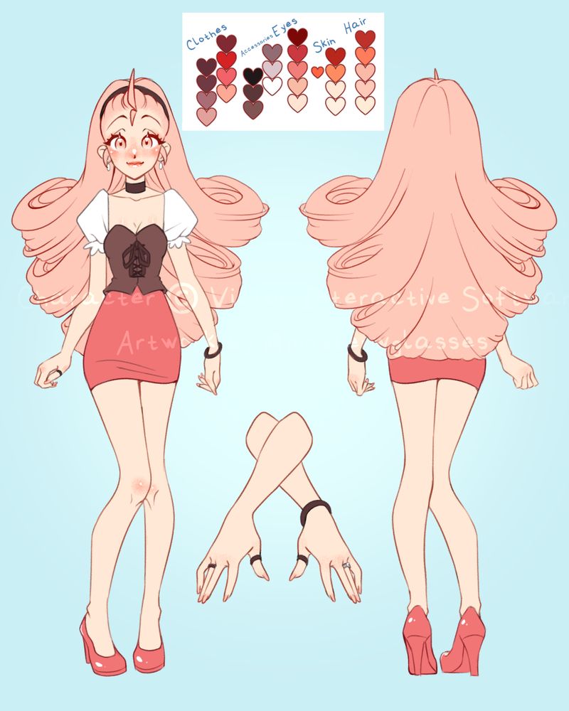 A character reference sheet of Popuri from Harvest Moon.  She has light skin, pale pink, curly hair, and vivid red eyes.  She is wearing a dark brown headband, choker and bracelet, puffy, white, short sleeves, a lighter brown tie-up corset and full-length stockings, a ruby red mini-skirt and pump heels.  Next to her fullbody design is a close-up headshot that shows the side of her head and ears without excess hair covering them.