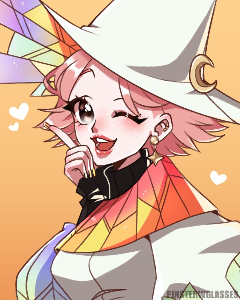 A digital anime drawing of Prism by Gracu.  She has light skin, pink hair, and brown eyes.  She is wearing a large, white witch hat with a sun pendant pinned at the corner and shards of stained glass coming from the opposite side.  He has a black turtleneck collar and sleeves, stained glass pattern on her shoulders, white shirt with puffy, colorful sleeves patterned after stained glass.  She has her hand on the her chin as she points her index finger outward and winks at the viewer.