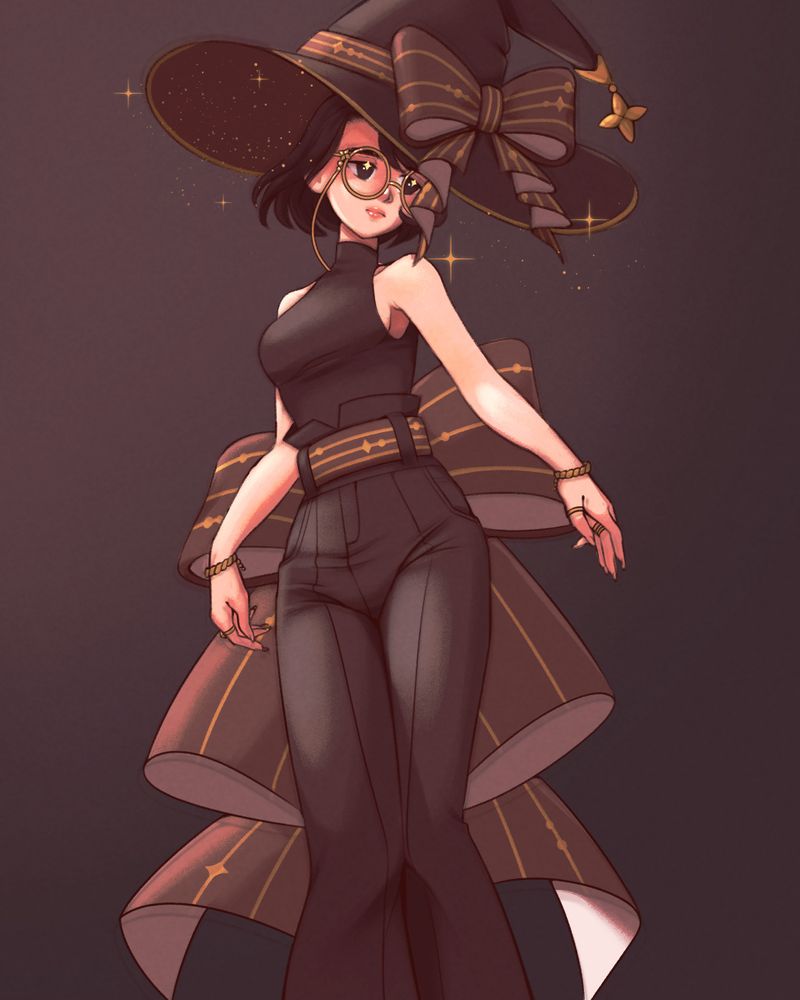 An anime drawing of a stylish lady with a huge witch hat, turtle neck, and high-waisted pants.  A big bow is on her hat and an even bigger bow is on the middle of her back.  Her color palette is dark and warm browns, much like coffee, with hints of saturated yellow.