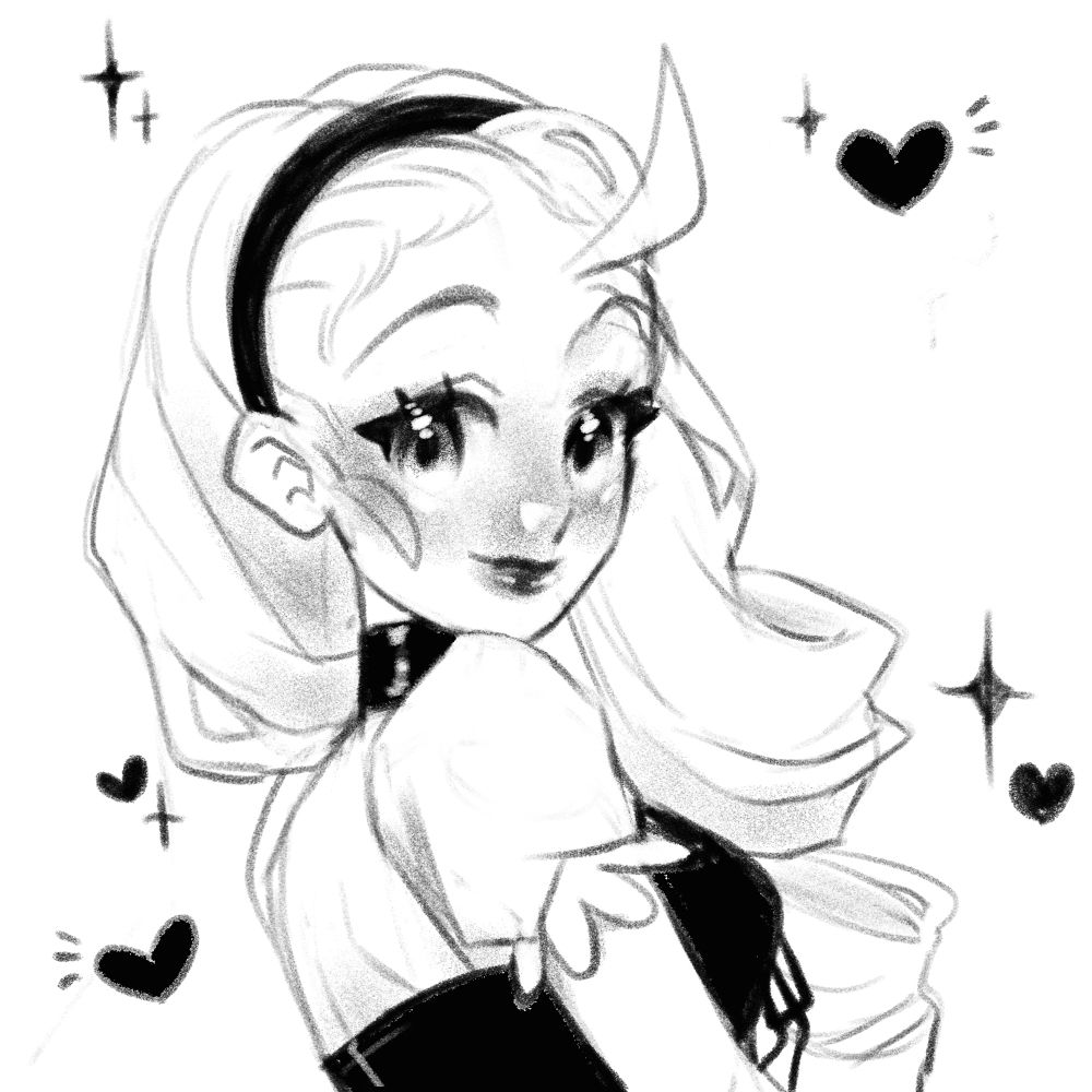 A black and white doodle of Popuri from Harvest Moon.  She has long, curly hair brushed over her shoulder to expose her back.  She is wearing a dark headband, chocker, and corset, and light puffy shoulders.  She is looking at the viewer with a cute smile.