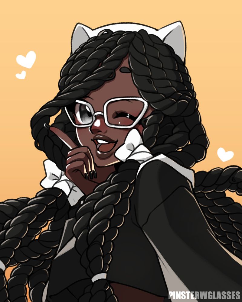 A digital anime drawing of Tabitha by Nikki.  She has dark skin, black hair twisted into locs, and grey eyes.  She is wearing a black, cropped hoodie with a white hood, white bows tieing her hair together, and a white, cat ear headband.   She has her hand on the her chin as she points her index finger outward and winks at the viewer.