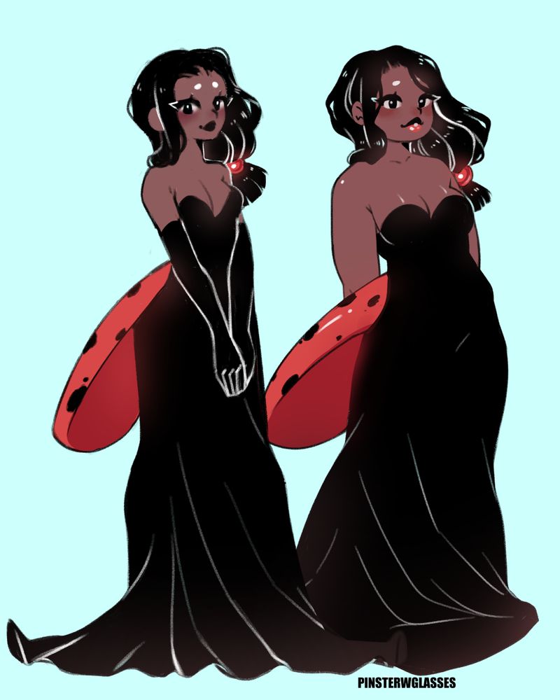 A digital anime drawing of two versions of a ladybug gijinka.  On the left is a slender version and on the right is a thicker version.  In both versions, she has brown skin, black hair, and white eyebrows.  Her hair is tied into a very low pony tail by a large, red bead.  She also has lady-bug wing on the small of her back and is wearing a long, sleek, black dress.  On the left, her dress flows around her while on the right her dress pools at her feet.