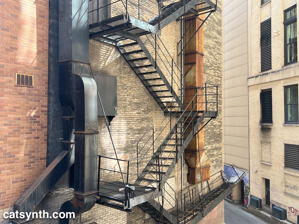 Diagonal fire escapes on the back of an older brick building facing a narrow alley.