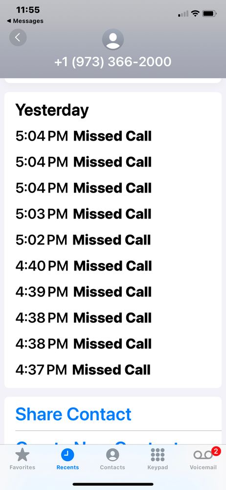 A screenshot of missed calls, all from the same phone number, 10 calls in a 30 minute period.
