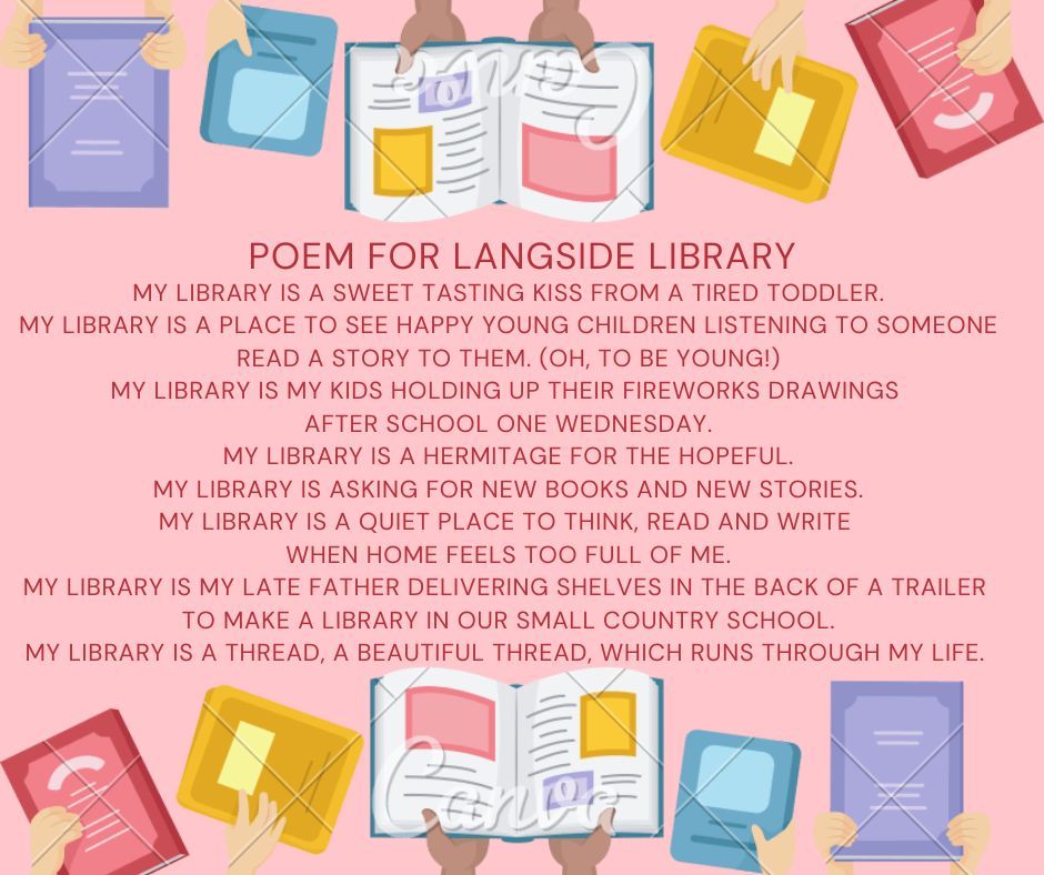 Pictures of books at the top and bottom of the image on a pink background with the text of the poem in between.