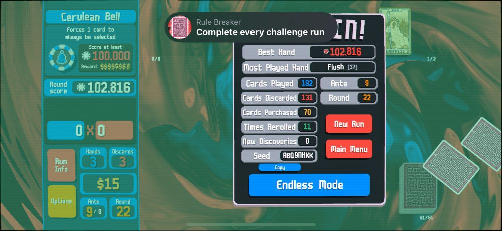 A winning run in the Balatro Jokerless challenge. A popup shows an achievement for completing every challenge in the game.