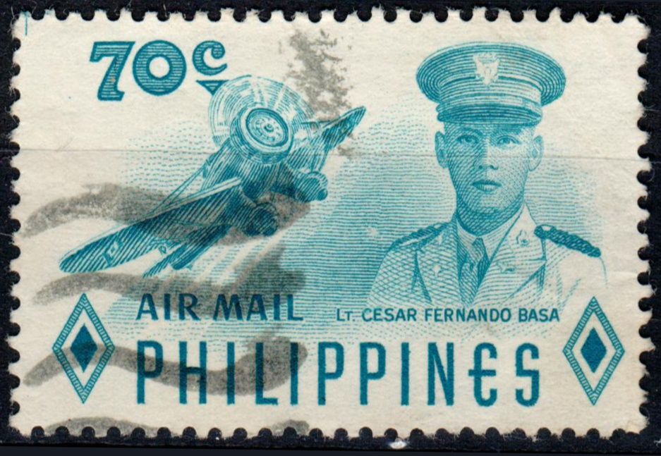 Phillipine air mail stamp - 70c teal showing a plan and Lt. Cesar Fernando Basa