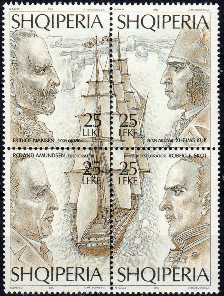 4 stamp block showing a ship across the 4 stamps, and an explorer on each. 1995 from Albania.