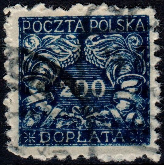 Polish postage due stamp from 1920. Dark blue with 200 in the middle.