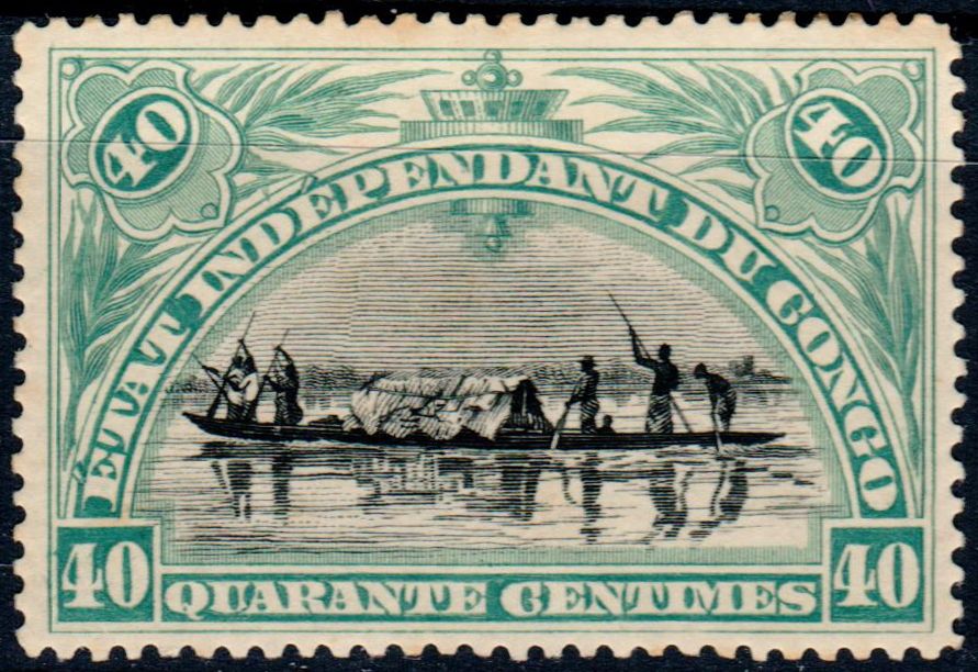 Stamp from Congo Free State in 1896. 40c with a light green surround. The centre is black and shows a big canoe on a river with multiple people on board.