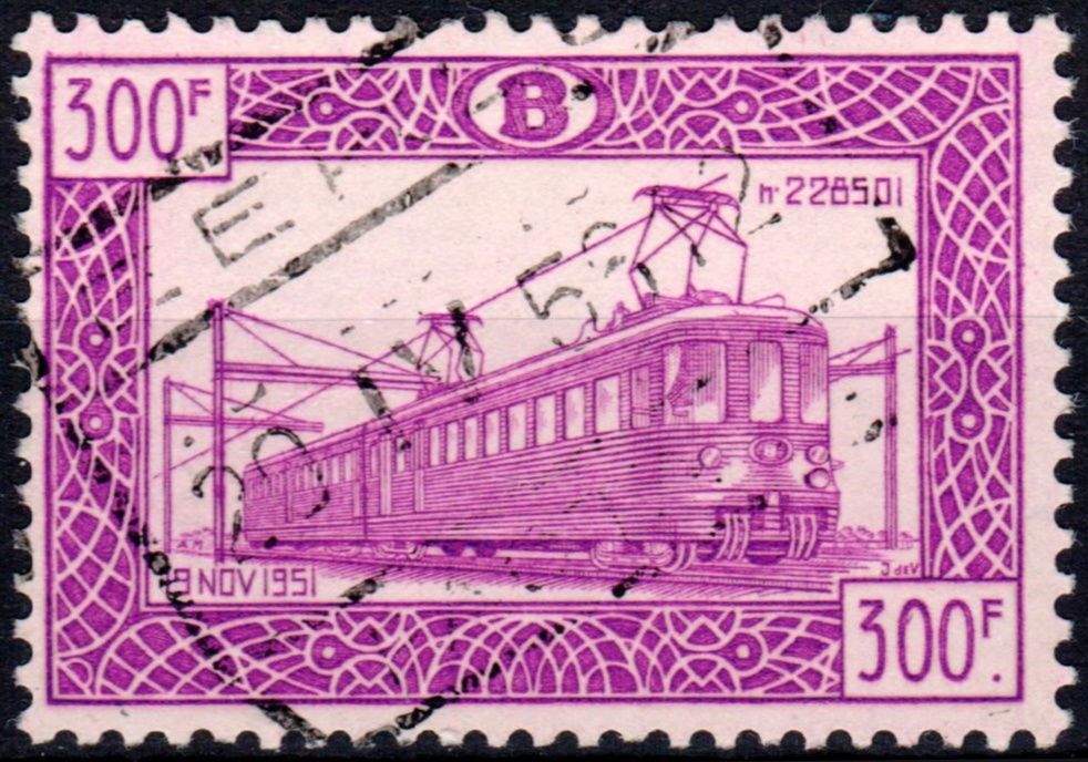 Lilac 300 frank parcel stamp from Belgium showing a tram