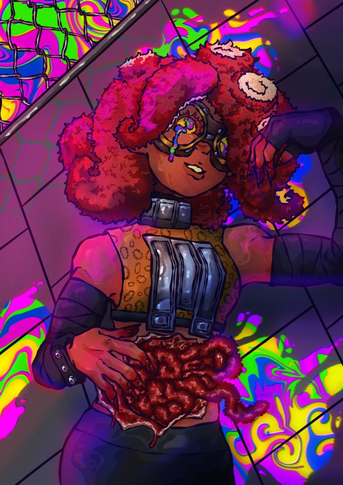 an octoling soldier lays on tiled ground surrounded by puddles of oozified blood. her guts are spilling out and fuzzified as she has clawed herself open. 