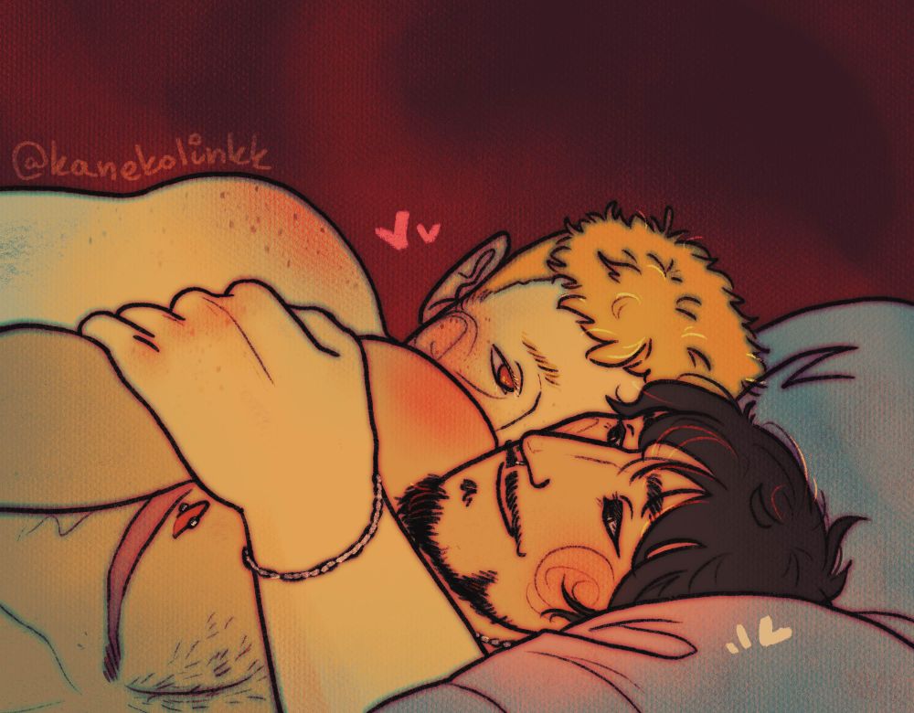 Black Bartosch and Erik from Kingdom Come Deliverance 2
Ship: BartErik
SFW
They are lying in bed together, shirtless, Bartosch in Erik's arms. Bartosch turns back a little to look at Erik, who peeks at him from behind the man's shoulder with a loving gaze. Bartosch's top surgery scar is visible.