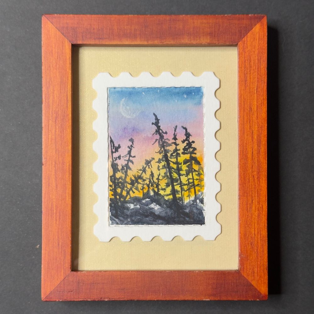 A miniature painting of a sunset behind silhouettes of raggedy black spruce trees.