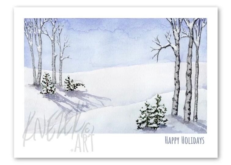 An image of a greeting card featuring a watercolor painting of some bare birch trees on rolling, snowy hills. Below the painting is light blue text reading “Happy Holidays”.