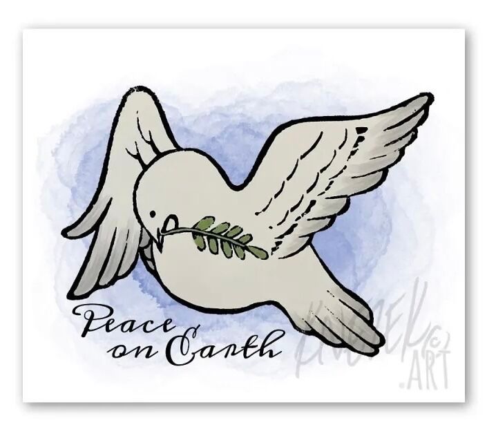 An image of a greeting card featuring a block print of a dove carrying an olive branch, on a cloudy blue background. Below the dove is script reading “Peace on Earth”.