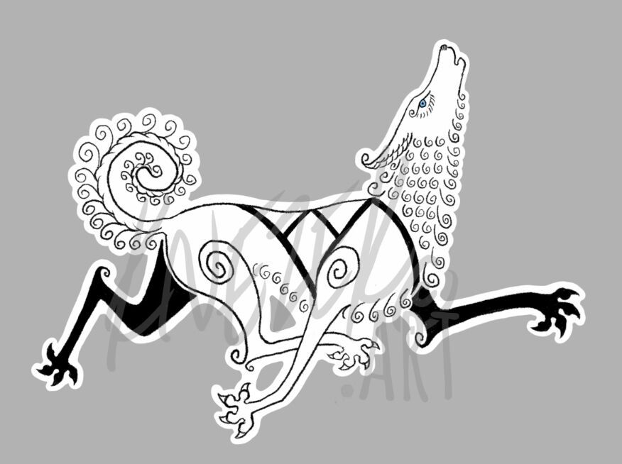 A stylized white sled dog, fluffy and bouncy looking, trots along with her head tilted skyward as she sings while she's running. 