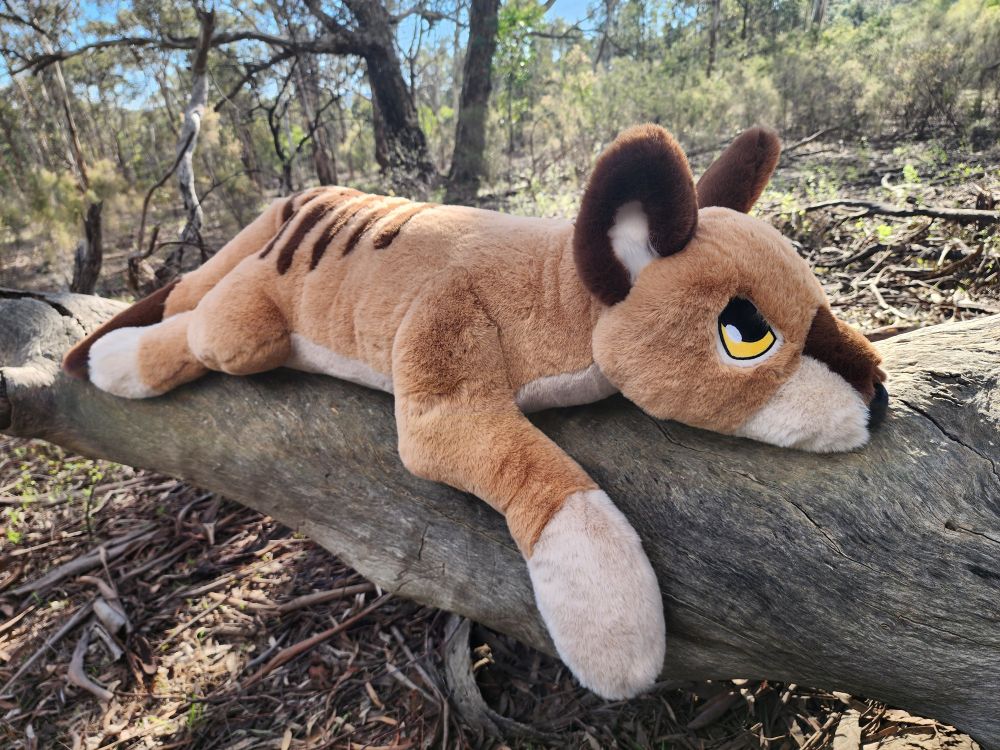 Thylacine plush laying on a log with one foot hanging down. 