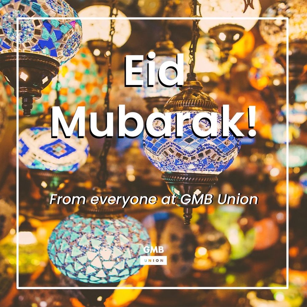 Image of lanterns with Eid Mubarak from everyone at GMB union written on top
