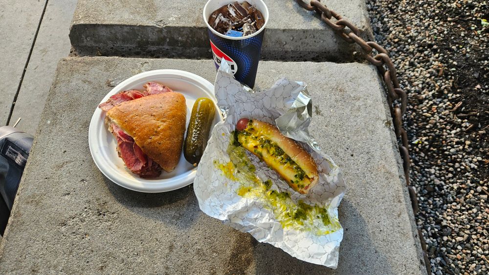 Costco hot dog, Montreal Smoked Meat sandwich, and a delicious, ice-cold Pepsi 