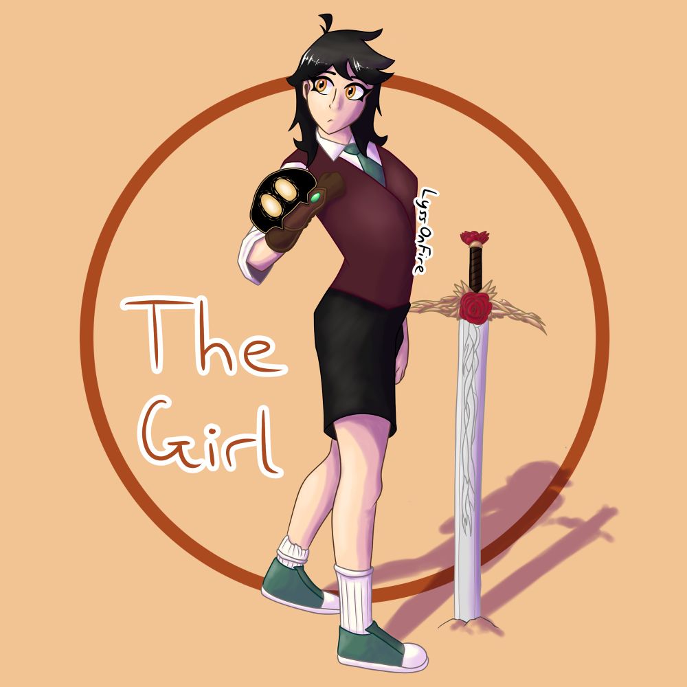 The Girl with her little friend on her hand, her sword in the ground