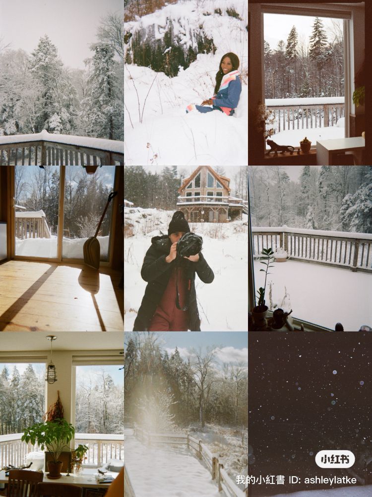 Collage of winter film photos, 6 of them from top left: trees with snow on them, Vanniall crouched in snow, a view of a snowy scene through a window, another view from a deck, a picture of Ashley holding their camera in front of a house, a snow covered deck, bright windows with a snowy scene outside, a foggy scene through a window, night time snow illuminated by flash. All are disposable camera pictures. 