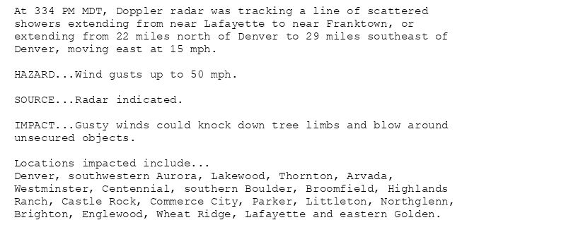 At 334 PM MDT, Doppler radar was tracking a line of scattered
showers extending from near Lafayette to near Franktown, or
extending from 22 miles north of Denver to 29 miles southeast of
Denver, moving east at 15 mph.

HAZARD...Wind gusts up to 50 mph.

SOURCE...Radar indicated.

IMPACT...Gusty winds could knock down tree limbs and blow around
unsecured objects.

Locations impacted include...
Denver, southwestern Aurora, Lakewood, Thornton, Arvada,
Westminster, Centennial, southern Boulder, Broomfield, Highlands
Ranch, Castle Rock, Commerce City, Parker, Littleton, Northglenn,
Brighton, Englewood, Wheat Ridge, Lafayette and eastern Golden.