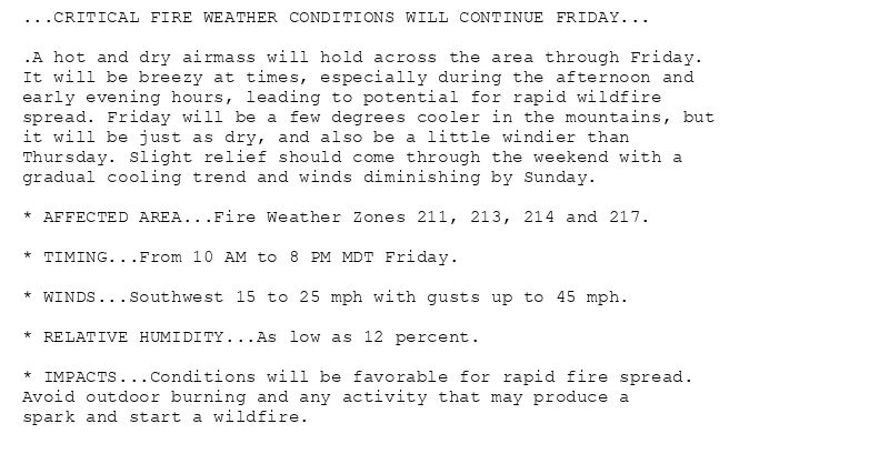 ...CRITICAL FIRE WEATHER CONDITIONS WILL CONTINUE FRIDAY...

.A hot and dry airmass will hold across the area through Friday.
It will be breezy at times, especially during the afternoon and
early evening hours, leading to potential for rapid wildfire
spread. Friday will be a few degrees cooler in the mountains, but
it will be just as dry, and also be a little windier than
Thursday. Slight relief should come through the weekend with a
gradual cooling trend and winds diminishing by Sunday.

* AFFECTED AREA...Fire Weather Zones 211, 213, 214 and 217.

* TIMING...From 10 AM to 8 PM MDT Friday.

* WINDS...Southwest 15 to 25 mph with gusts up to 45 mph.

* RELATIVE HUMIDITY...As low as 12 percent.

* IMPACTS...Conditions will be favorable for rapid fire spread.
Avoid outdoor burning and any activity that may produce a
spark and start a wildfire.