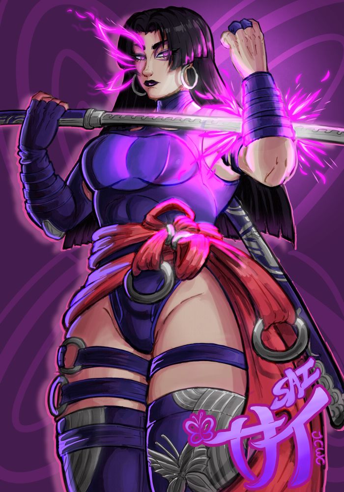 Psylocke cleaning her sword using her psionic powers.