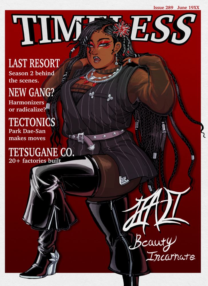 My character Jaki (Jia-Li) posed on red magazine cover, Timeless. Her leg raised over the magazine boarder wearing a unique formal attire.