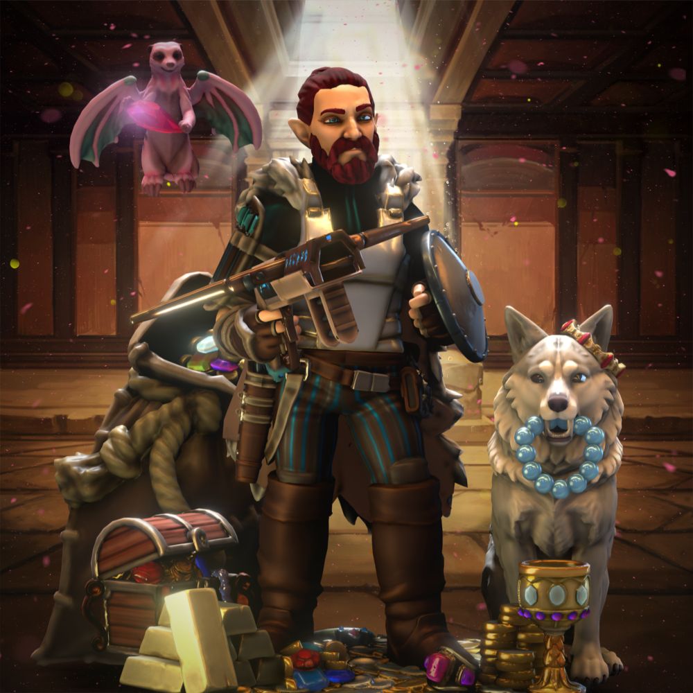 Heroforge Mini Design: A bearded man stands holding an outstretched crossbow. He is wearing leather boots, striped pants, a metal chest plate, and furred cape, and a shield rests on his left forearm. Beside him sits a wolf holding a large string of pearls in its mouth and a crown tilted over one ear. Over his shoulder, a furry, winged creature hovers with a sparkling pink gem. At his feet lies mixed coins and gems, a chest, large sack of treasure, gold bars, and a jewel encrusted chalice.