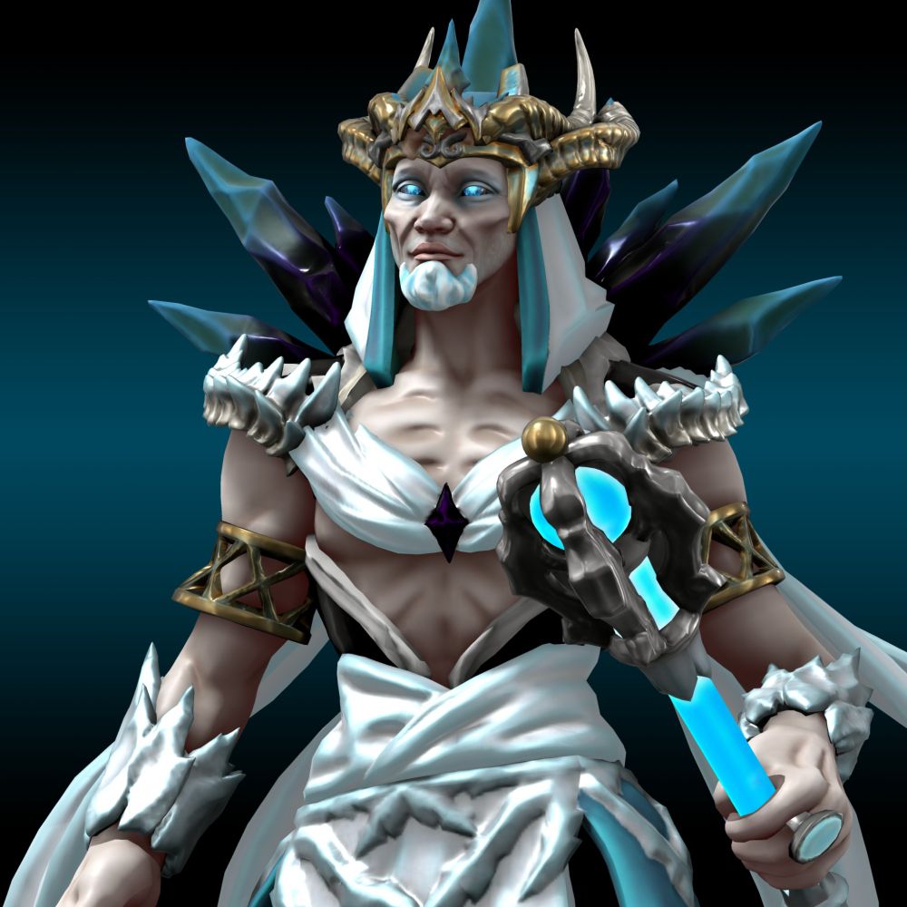 Heroforge mini design - a human man wearing icy white robes and a tarnished gold crown carries a glowing blue and silver scepter. His eyes glow blue over a gaunt face and icy white goatee.
